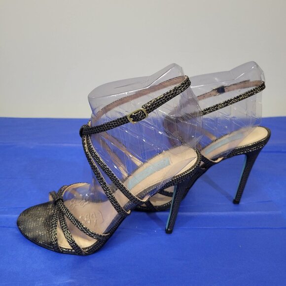 BETSEY JOHNSON Strappy Black & Gold Animal Print Heels - Picture 6 of 14